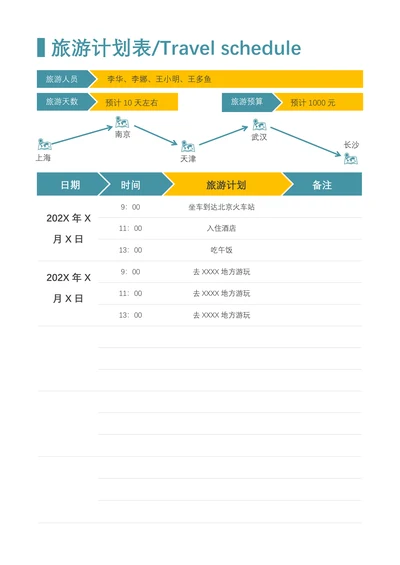 旅游计划表实用范例