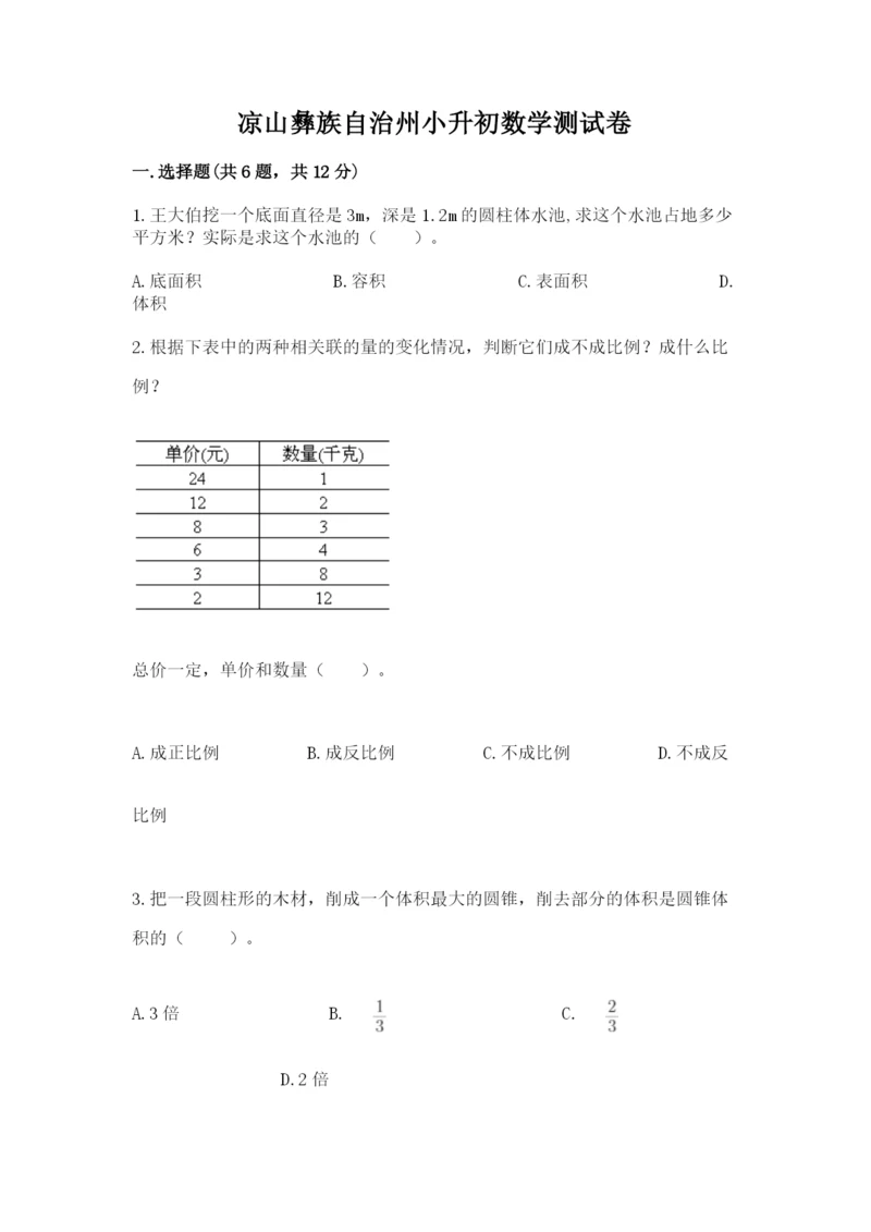 凉山彝族自治州小升初数学测试卷及完整答案.docx