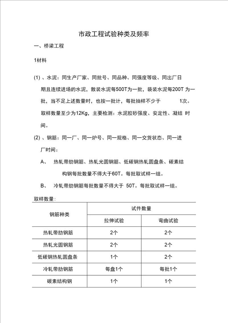 市政工程试验种类及频率1