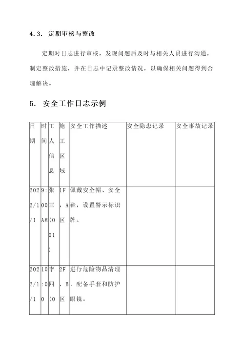 安全工作日志施工方案