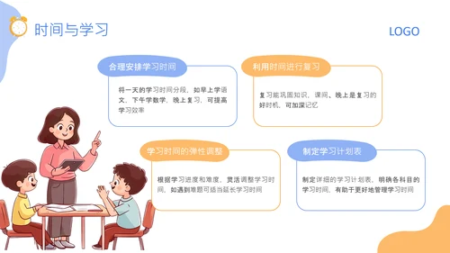 蓝色卡通风格钟表与24小时的认知PPT