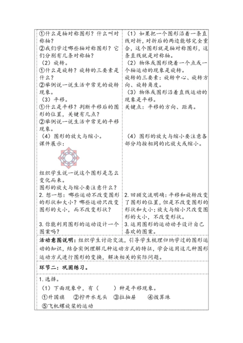 大单元教学【核心素养目标】6.4.4 图形的运动（表格式）教学设计