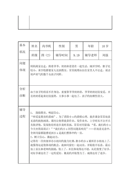 小学生心理健康咨询个案辅导记录表台账