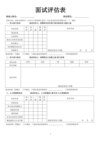 面试评估表招聘面试流程管理