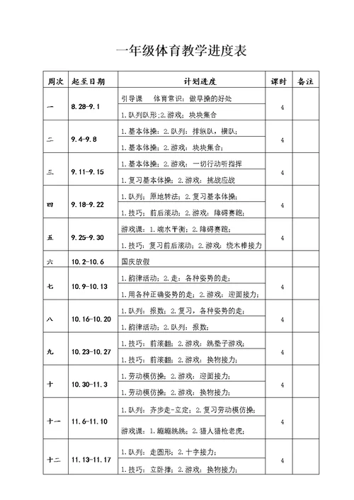 一年级体育与健康教学计划(共4页)