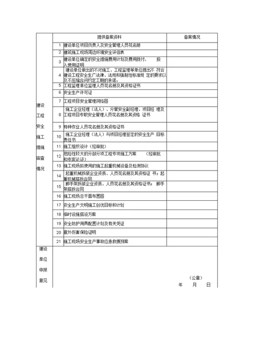 山东省建筑工程安全施工措施备案申请表