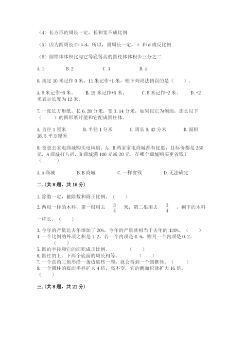 人教版六年级数学小升初试卷及参考答案一套.docx