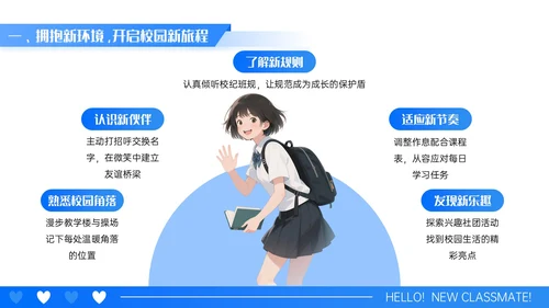 蓝白色漫画风开学第一课PPT模板