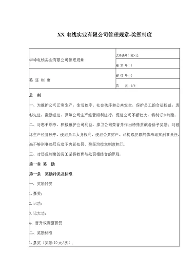 某电线实业有限公司管理规章-奖惩制度