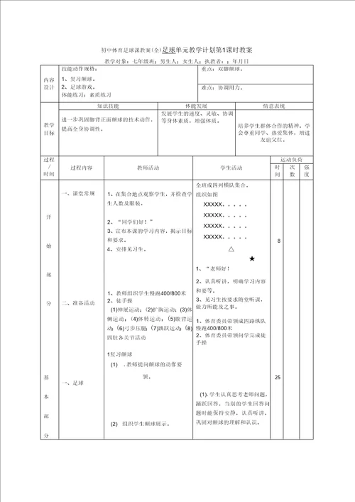 初中体育足球课教案全