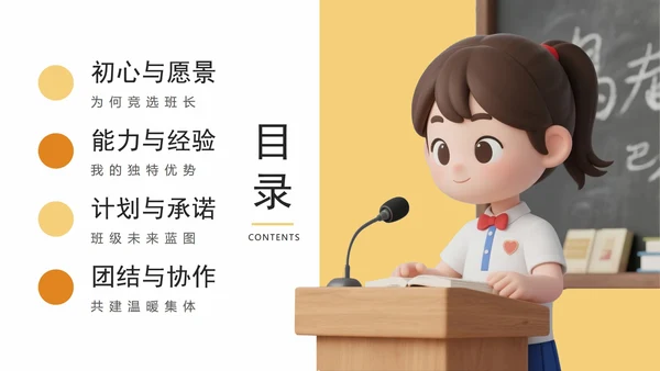 黄色可爱3D卡通风小学班级班干部竞选PPT模板