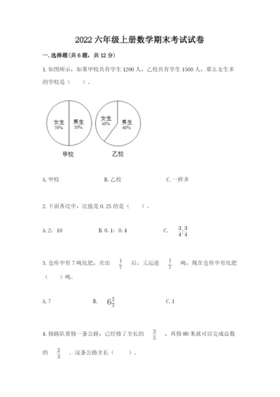 2022六年级上册数学期末考试试卷附答案【综合题】.docx