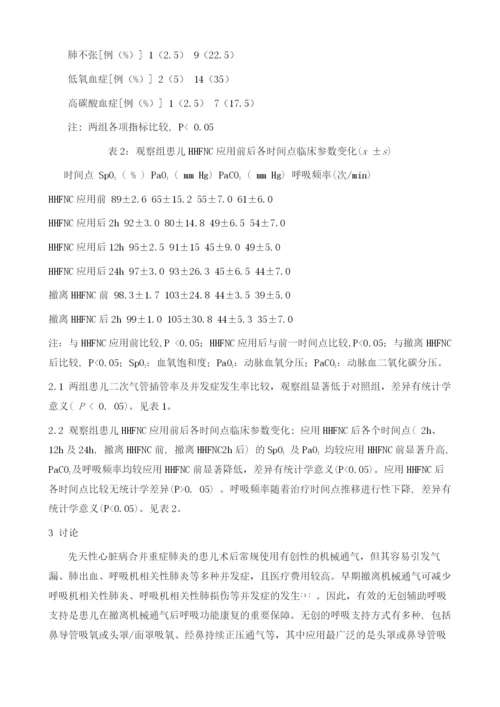 经鼻高流量湿化氧疗在先心病重症肺炎患儿撤离机械通气后的应用研究.docx