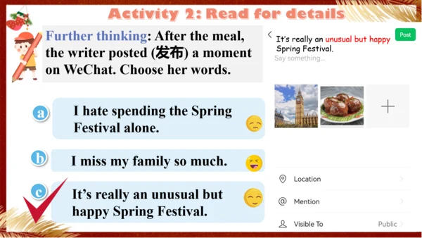 【优质阅读公开课课件】Unit 4 Time to celebrate Understanding