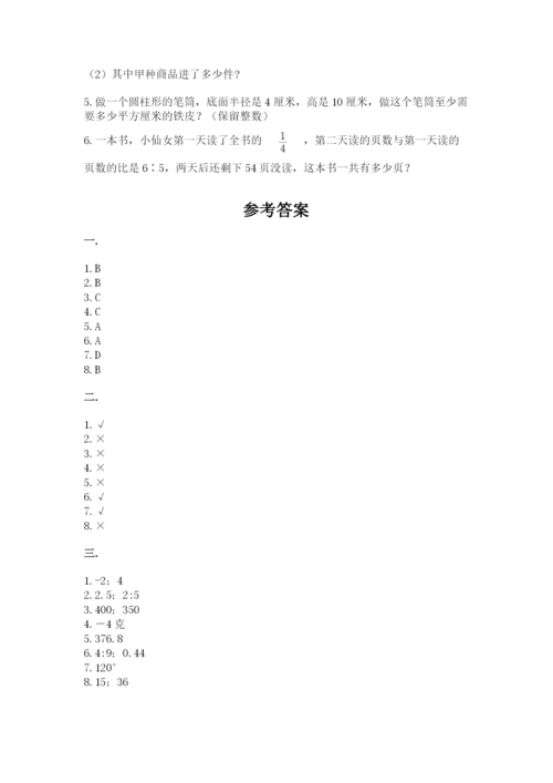 人教版六年级数学小升初试卷及参考答案（精练）.docx