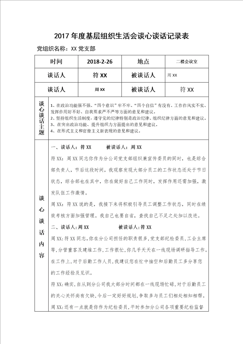 基层组织生活会谈心谈话记录表