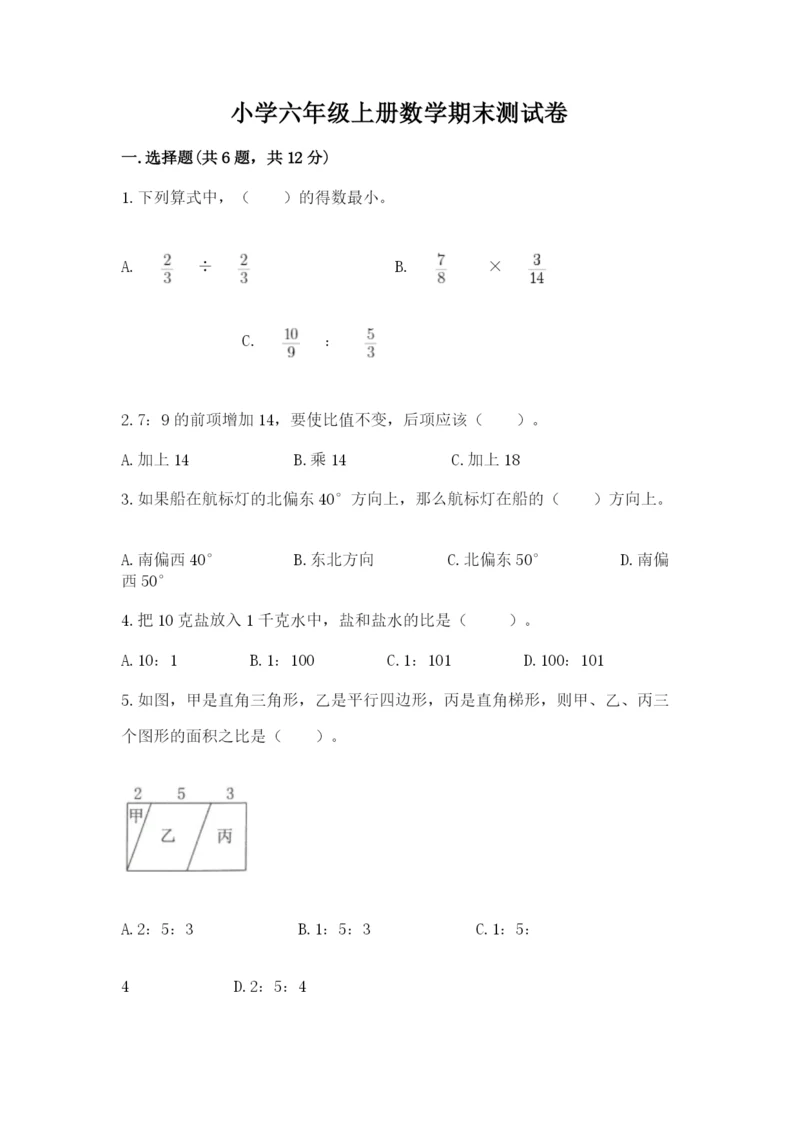 小学六年级上册数学期末测试卷（网校专用）word版.docx