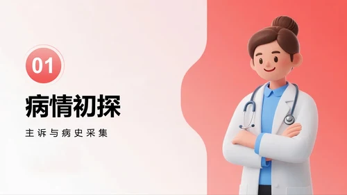 红色简约渐变3D风医护人员病例汇报PPT模板