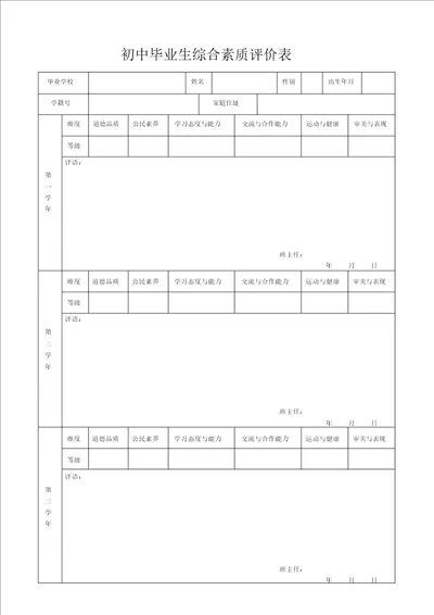 初中毕业生综合素质评价表