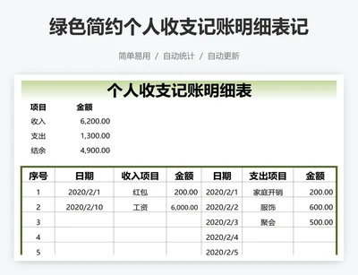 绿色简约个人收支记账明细表记账表