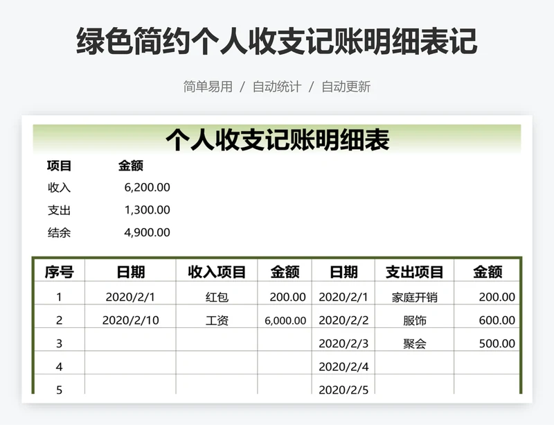 绿色简约个人收支记账明细表记账表