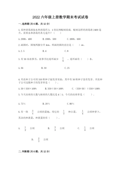 2022六年级上册数学期末考试试卷及参考答案（综合卷）.docx