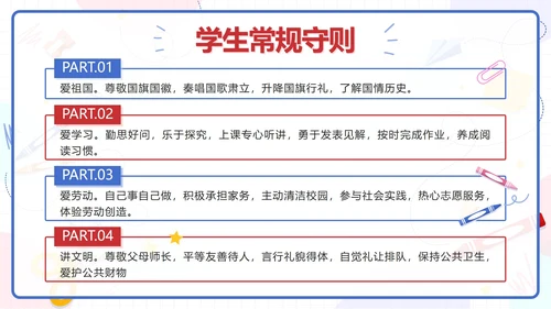 蓝色卡通文具小学生行为规范教育带内容PPT模板