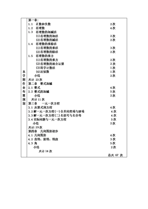 七年级上期课程纲要与作业设计