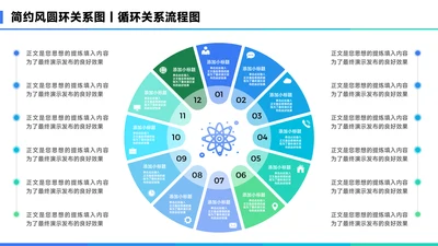 蓝色简约风12项圆环关系图PPT