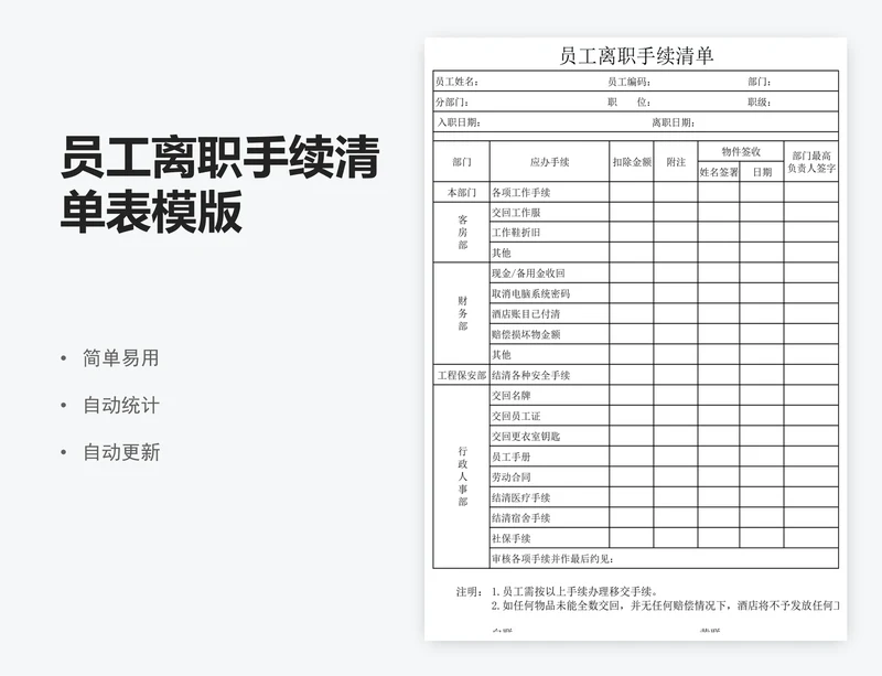员工离职手续清单表模版