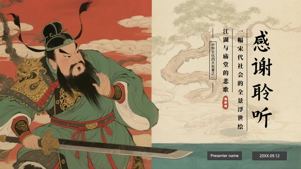 手绘插画中国风四大名著水浒传介绍主题PPT模板
