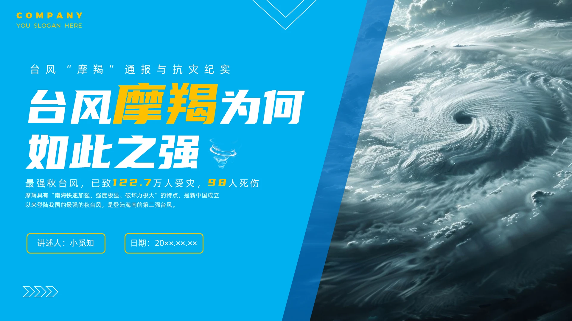 蓝色实拍海南台风摩羯安全宣教PPT课件自然灾害