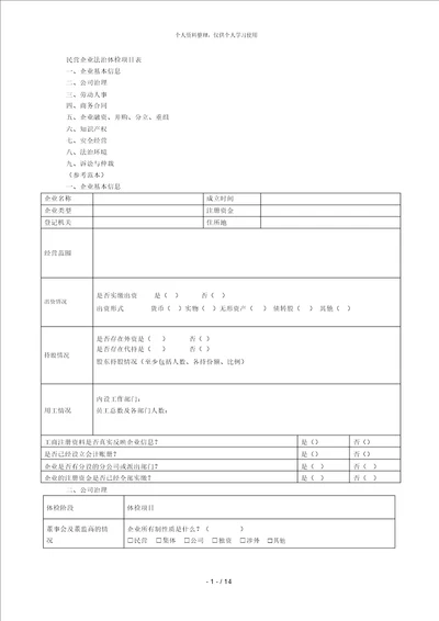 民营企业法治体检项目表