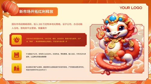 蛇年大吉红橙色中式简约边框科技公司年会总结PPT模板