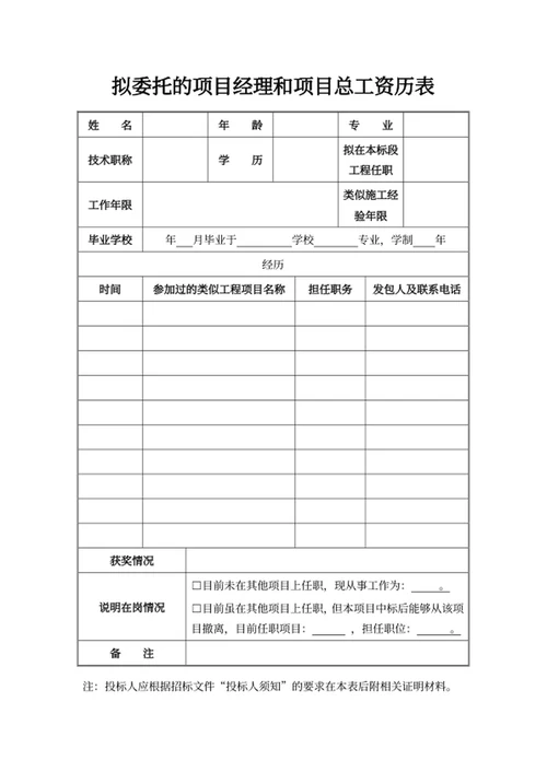 拟委托的项目经理和项目总工资历表