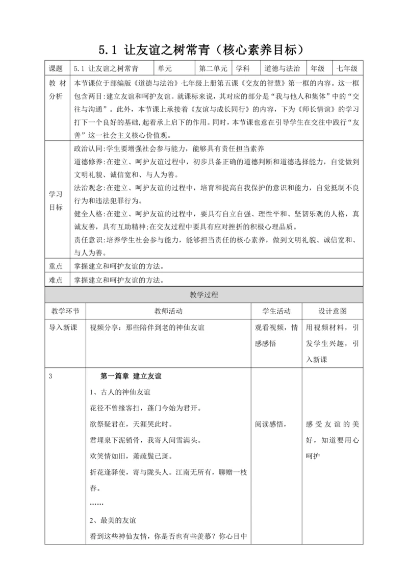 5.1让友谊之树常青 教案