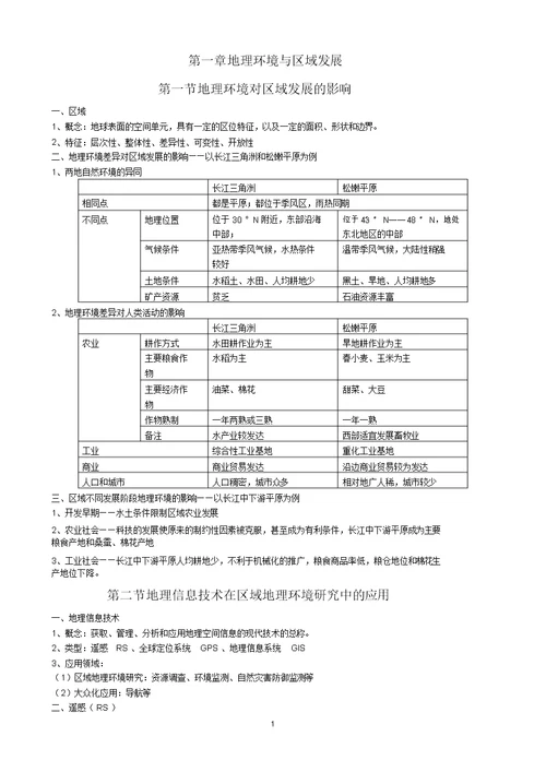 2018高中地理必修三知识点汇总