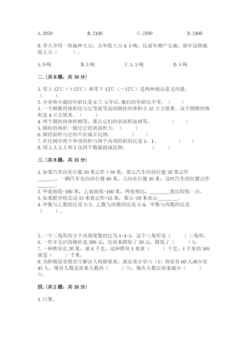 河南省平顶山市六年级下册数学期末测试卷带答案（精练）.docx