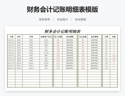财务会计记账明细表模版