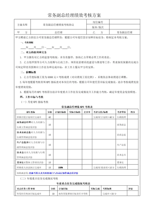 常务副总经理绩效考核方案