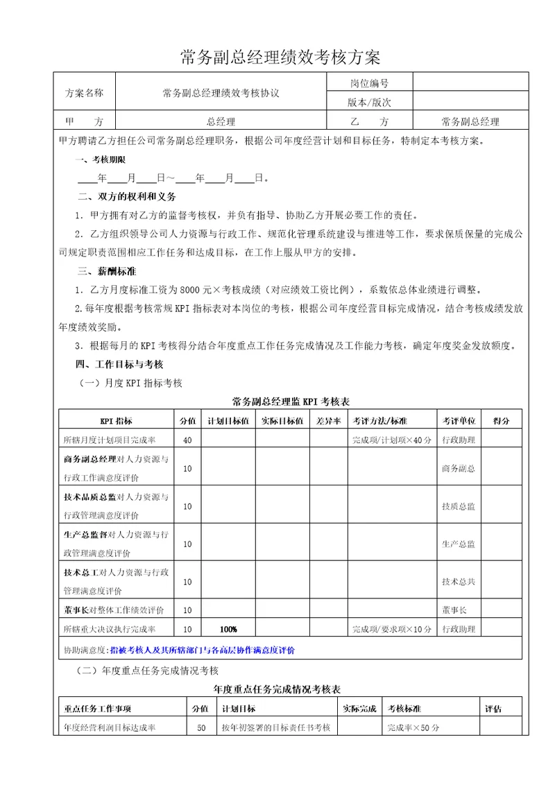 常务副总经理绩效考核方案