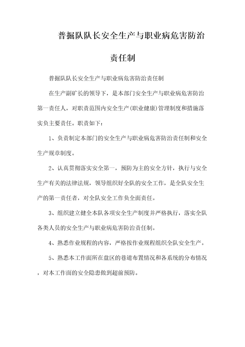 普掘队队长安全生产与职业病危害防治责任制