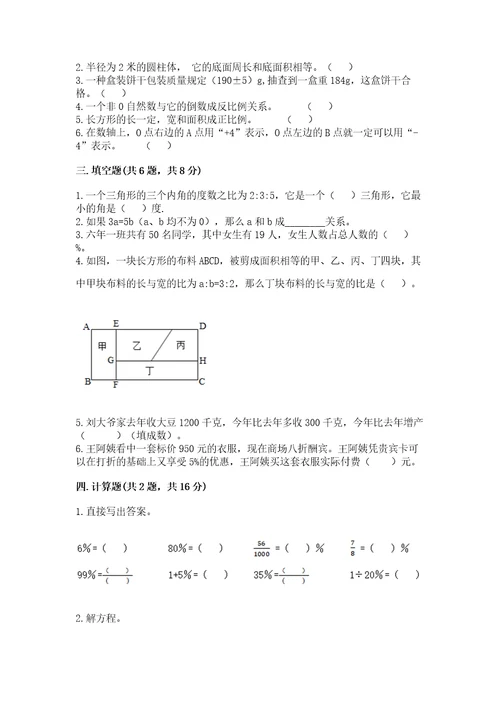 小学六年级下册数学期末测试卷（培优a卷）