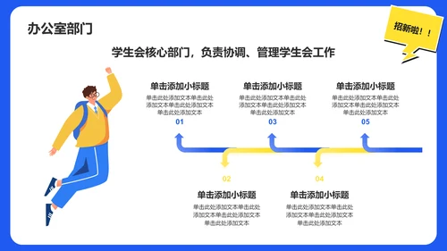 蓝色插画风大学学生会部门招新PPT模板