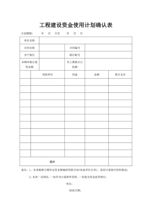 工程建设资金使用计划确认表