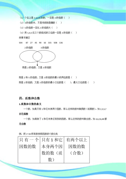 人教五年级下册第二单元因数与倍数知识点与练习题