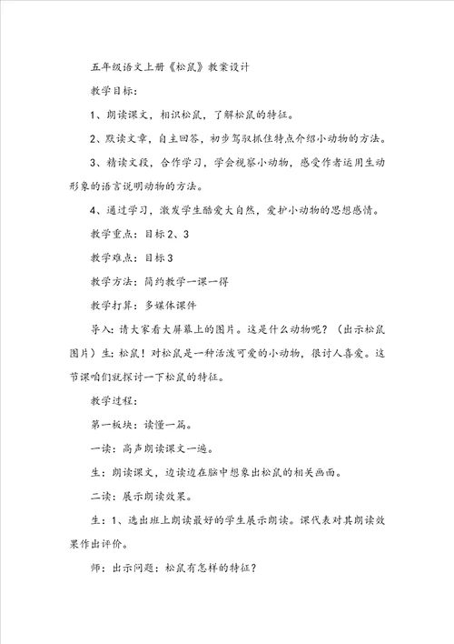 五年级语文下册松鼠教案