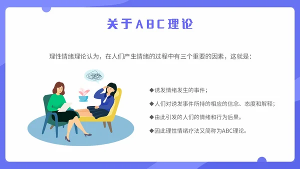 蓝色扁平化插画理性情绪疗法心理健康主题PPT模板合理情绪疗法