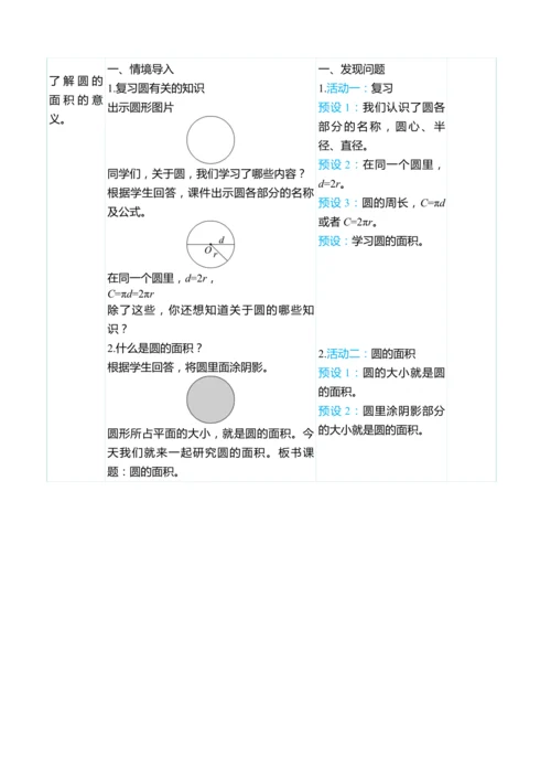 （大单元整体教学）5.4圆的面积（表格式）教学设计 人教版 六年级上册数学