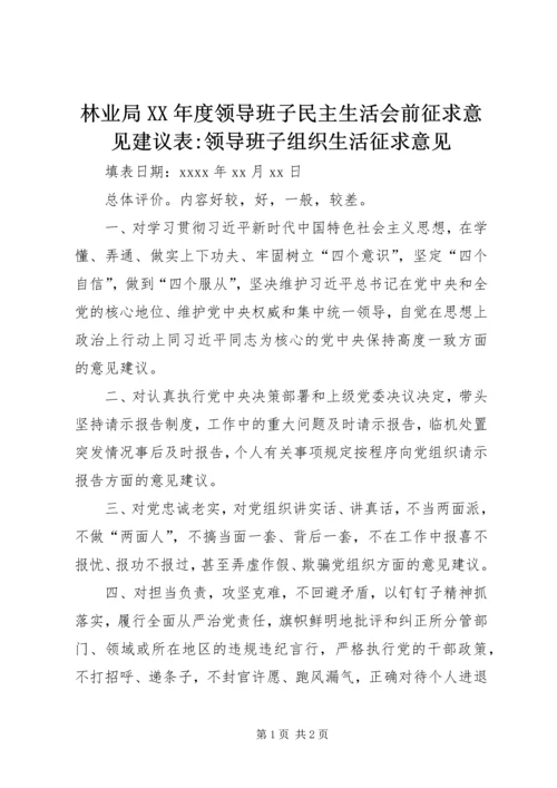 林业局XX年度领导班子民主生活会前征求意见建议表-领导班子组织生活征求意见.docx